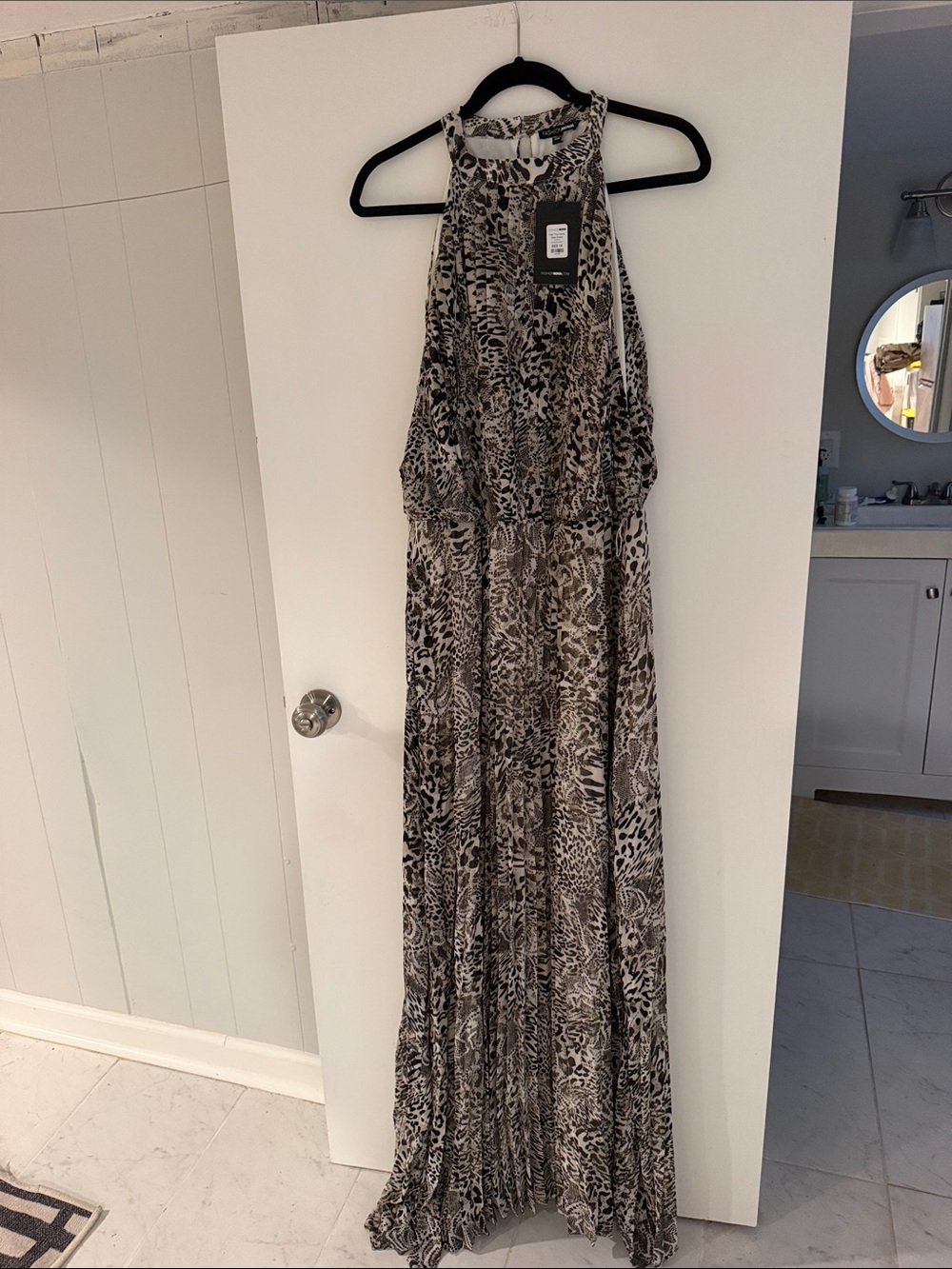 Fashion Nova Black & Cream Animal Print Halter Maxi Dress